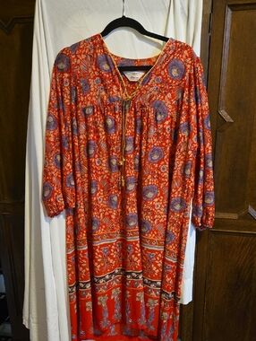 Vintage Red Floral Tie-Neck Indian Block-print Style Boho Maxi Dress, M-XXL